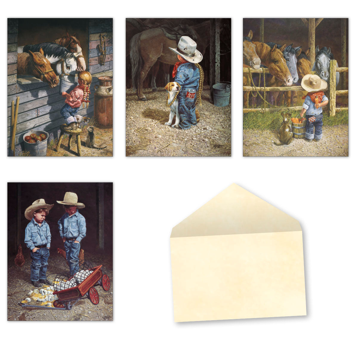 Assortment of four 'Cowkids' greeting cards by Don Crook, featuring whimsical farm scenes with young cowboys, horses, and various farm animals, accompanied by a blank cream-colored envelope.