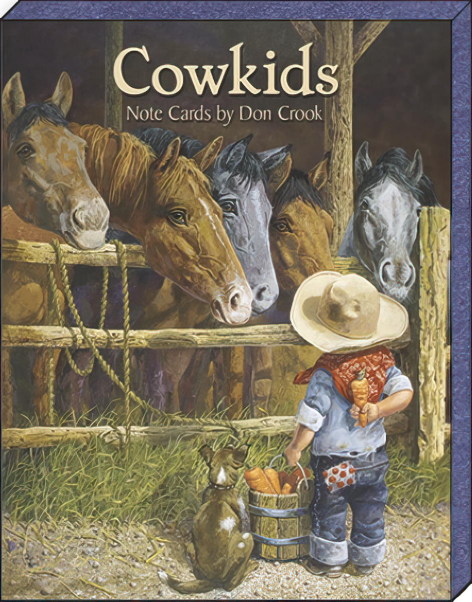 Front cover of the 'Cowkids Note Cards by Don Crook' box, depicting a young cowboy in a straw hat feeding carrots to horses in a stable, with a loyal dog by his side.