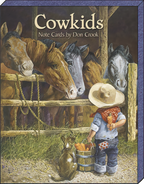 Front cover of the 'Cowkids Note Cards by Don Crook' box, depicting a young cowboy in a straw hat feeding carrots to horses in a stable, with a loyal dog by his side.