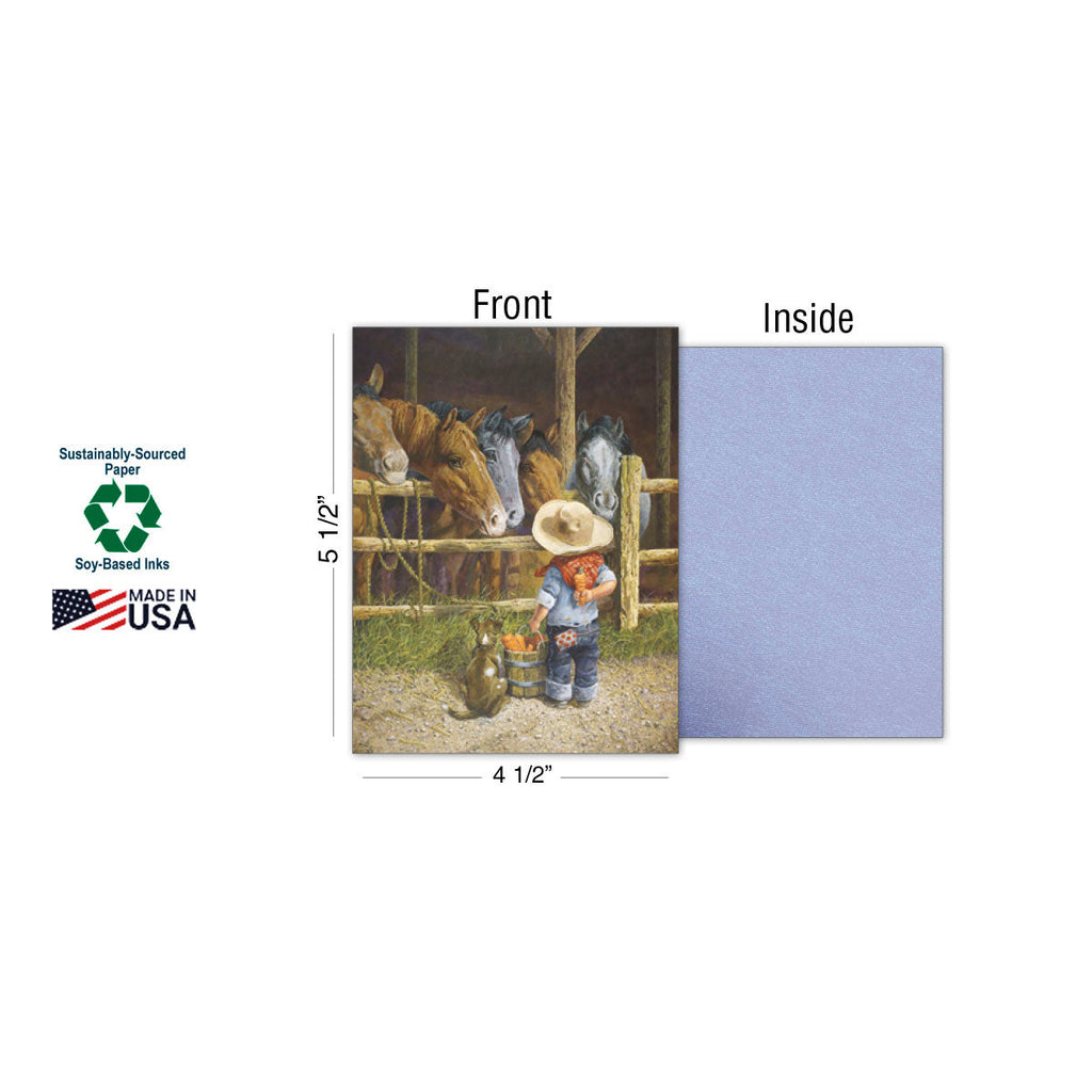 Example of a 5 1/2 x 4 1/2 inch 'Cowkids' greeting card, showing the front design of a boy feeding horses and the blank blue inside, highlighting 'Sustainably-Sourced Paper' and 'Made in USA' with Soy-Based Inks.