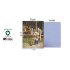 Example of a 5 1/2 x 4 1/2 inch 'Cowkids' greeting card, showing the front design of a boy feeding horses and the blank blue inside, highlighting 'Sustainably-Sourced Paper' and 'Made in USA' with Soy-Based Inks.