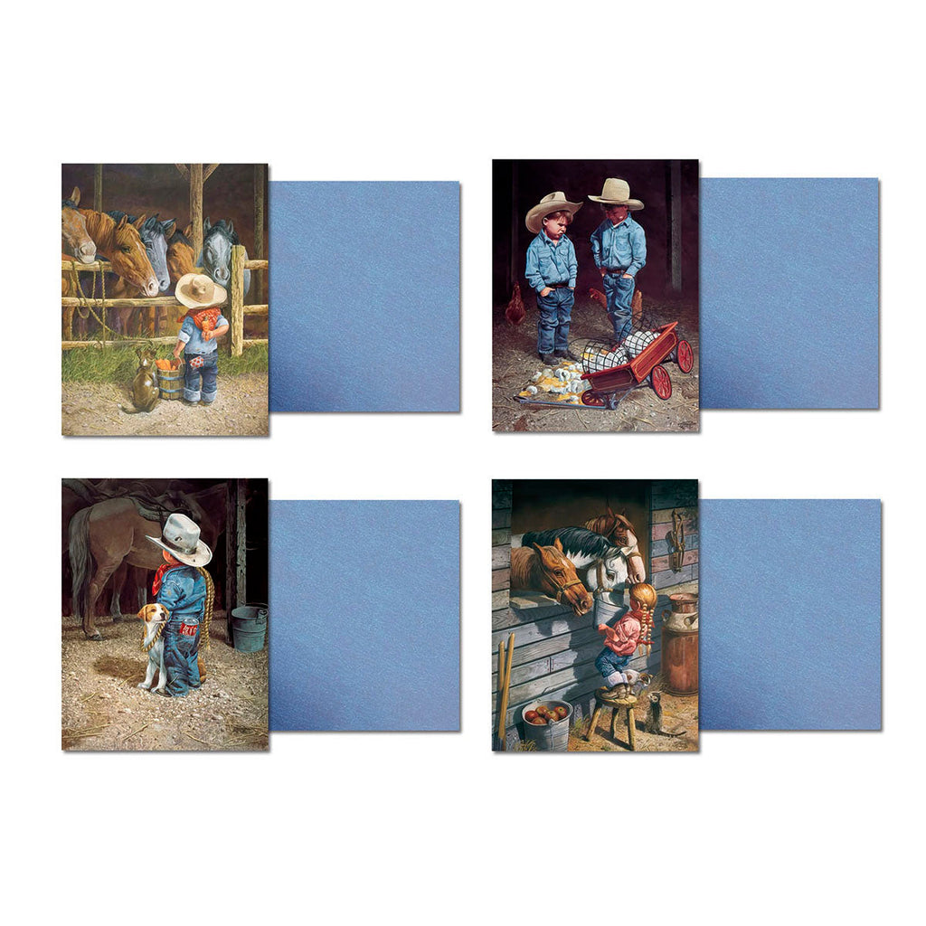 Four individual 'Cowkids' greeting cards by Don Crook, each showing a unique western-themed illustration of young boys with horses or farm animals, with the blank blue interior visible for writing.