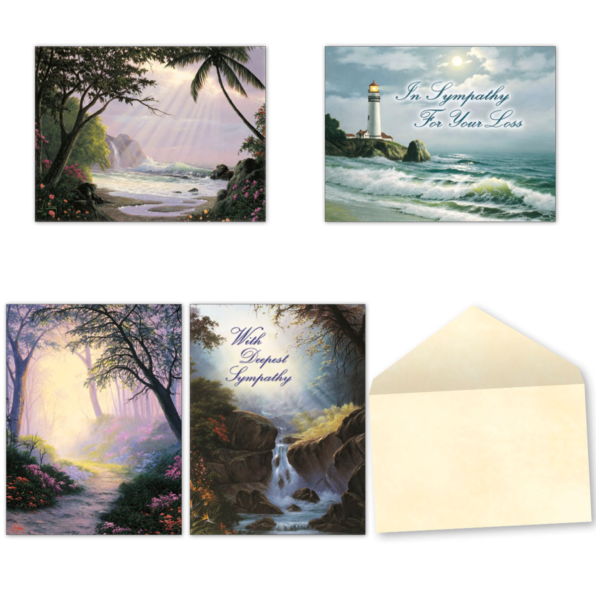 Assortment of four different serene nature-themed sympathy cards, including a beach with palm tree, a lighthouse by the ocean, a forest path, and a waterfall, displayed with a cream-colored envelope. Texts visible are 'In Sympathy For Your Loss' and 'With Deepest Sympathy'.