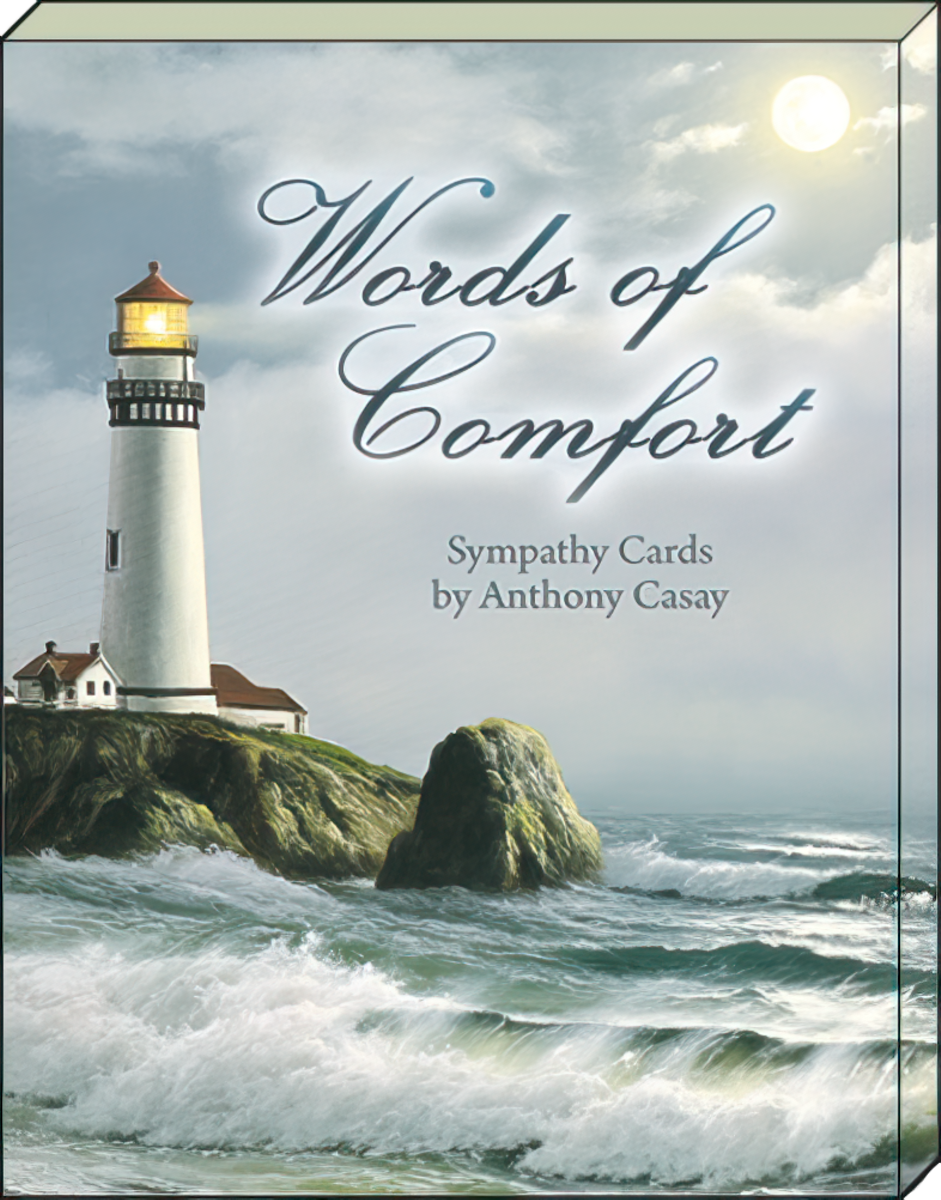 Front cover of a 'Words of Comfort Sympathy Cards by Anthony Casay' box, featuring a majestic lighthouse on a rocky coast under a moonlit sky with crashing waves, evoking a sense of solace and guidance.