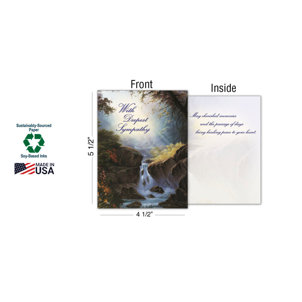 An open sympathy card with a front design of a serene waterfall in a lush forest. The inside message reads 'May cherished memories and the passage of days bring healing peace to your heart.'旁邊顯示卡片尺寸4 1/2" x 5 1/2"，並有'Sustainably-Sourced Paper', 'Soy-Based Inks', 和 'Made in USA' 標誌。