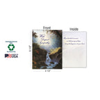 An open sympathy card with a front design of a serene waterfall in a lush forest. The inside message reads 'May cherished memories and the passage of days bring healing peace to your heart.'旁邊顯示卡片尺寸4 1/2" x 5 1/2"，並有'Sustainably-Sourced Paper', 'Soy-Based Inks', 和 'Made in USA' 標誌。