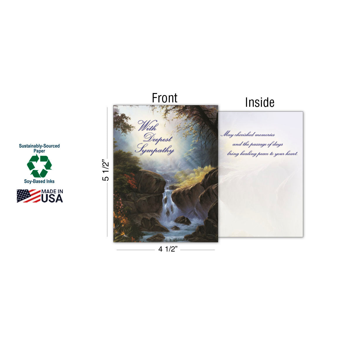 An open sympathy card with a front design of a serene waterfall in a lush forest. The inside message reads 'May cherished memories and the passage of days bring healing peace to your heart.'旁邊顯示卡片尺寸4 1/2" x 5 1/2"，並有'Sustainably-Sourced Paper', 'Soy-Based Inks', 和 'Made in USA' 標誌。