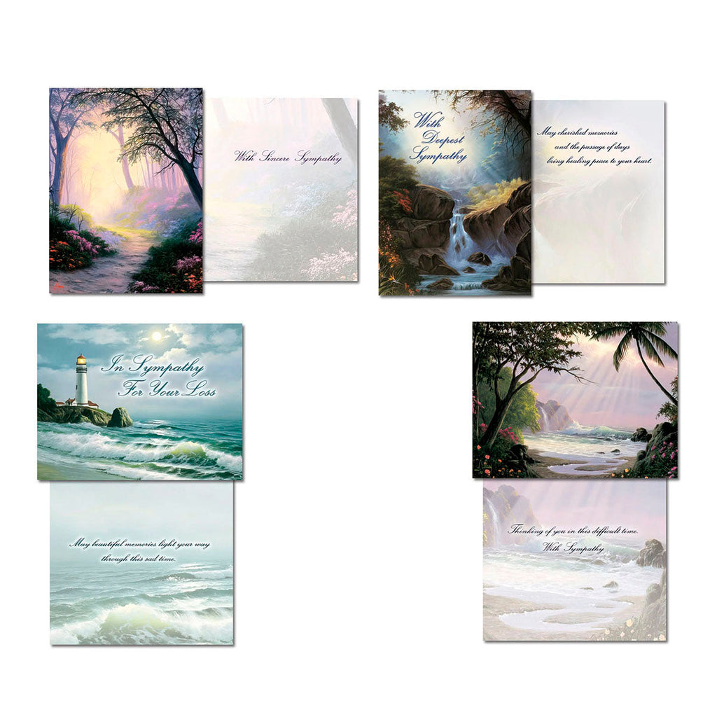 Open view of all four unique sympathy card designs from the Words of Comfort collection, showcasing the full artwork and heartfelt inside messages for diverse expressions of condolence, featuring nature scenes like a forest path, waterfall, lighthouse, and ocean vista.