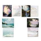 Open view of all four unique sympathy card designs from the Words of Comfort collection, showcasing the full artwork and heartfelt inside messages for diverse expressions of condolence, featuring nature scenes like a forest path, waterfall, lighthouse, and ocean vista.