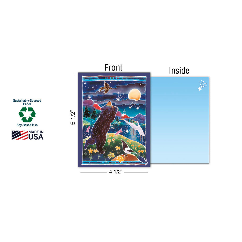 One note card (4 1/2" x 5 1/2") showing the front with a bear reaching for the moon and the blank light blue inside. Labels indicate 'Sustainably-Sourced Paper,' 'Soy-Based Inks,' and 'Made in USA.'