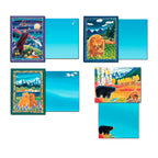 Four different bear-themed greeting cards displayed open to reveal their blank light blue interiors, alongside a blank bright yellow envelope.