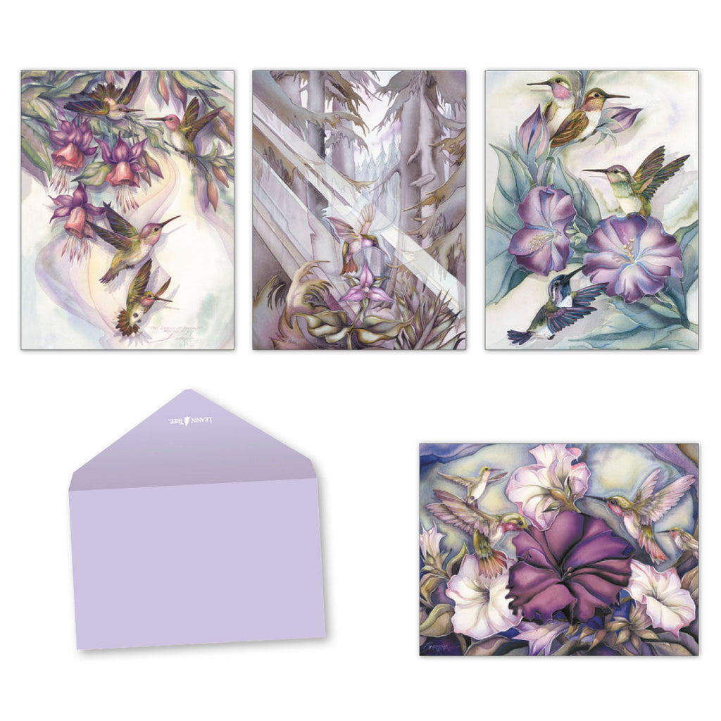 Assorted hummingbird greeting cards by Jody Bergsma with blank lavender envelope. Shows four distinct watercolor designs featuring hummingbirds with fuchsias, morning glories, and petunias.