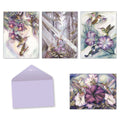 Assorted hummingbird greeting cards by Jody Bergsma with blank lavender envelope. Shows four distinct watercolor designs featuring hummingbirds with fuchsias, morning glories, and petunias.