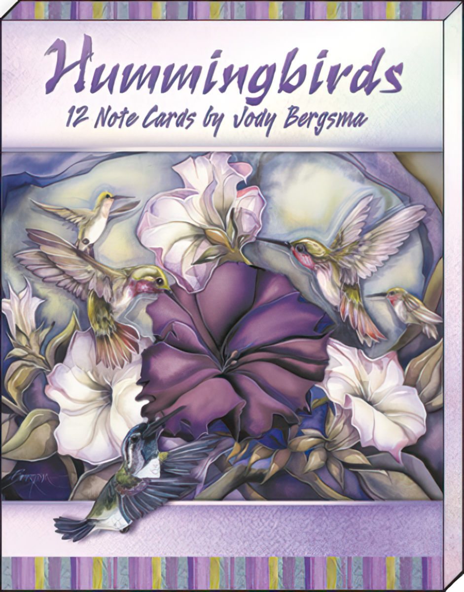 Close-up of the 'Hummingbirds 12 Note Cards by Jody Bergsma' box, showcasing a vibrant watercolor illustration of hummingbirds around purple petunias.