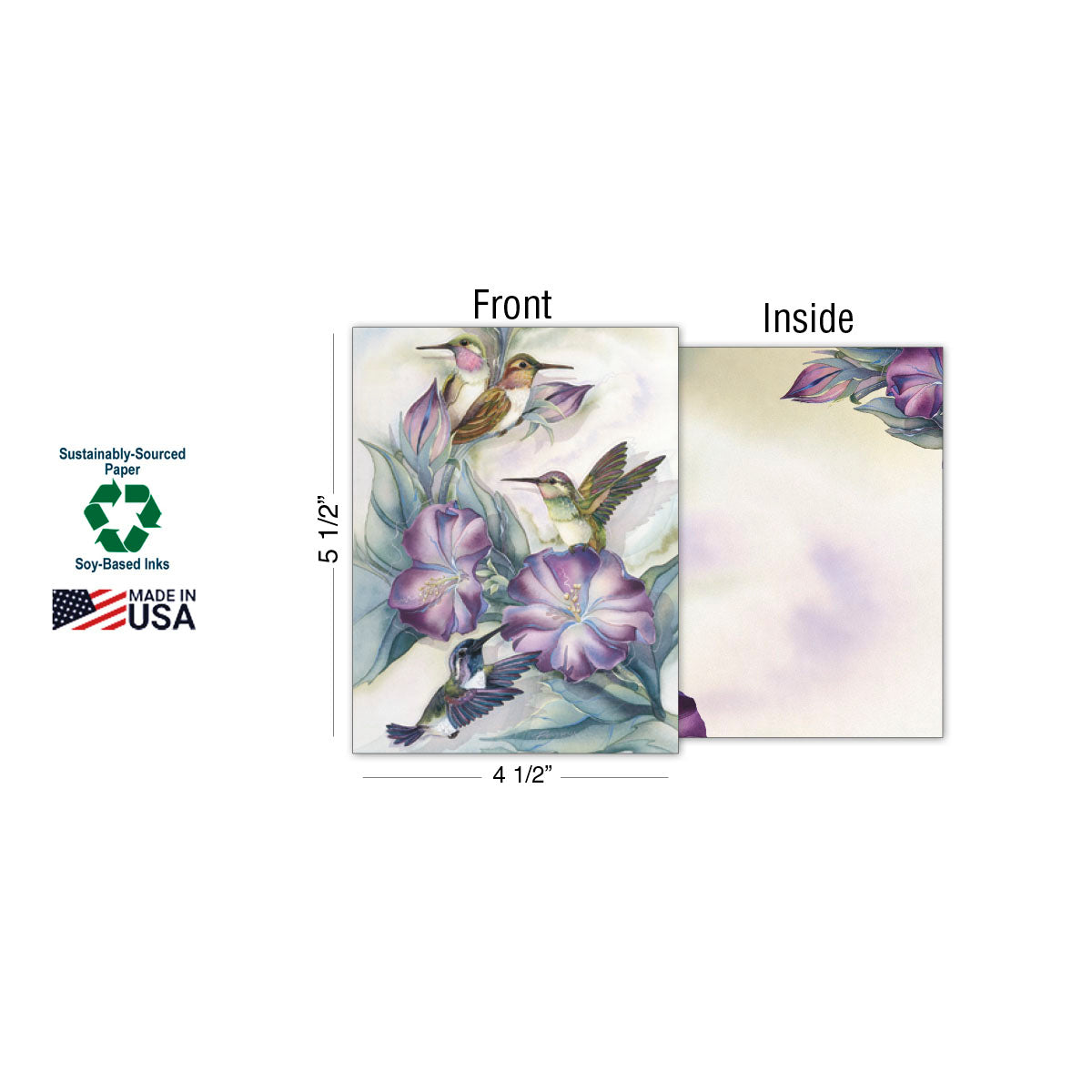 Close-up of a single greeting card (front and inside) displaying a hummingbird and purple flower design, with dimensions (5 1/2" x 4 1/2"), 'Sustainably-Sourced Paper', and 'Made in USA' labels.