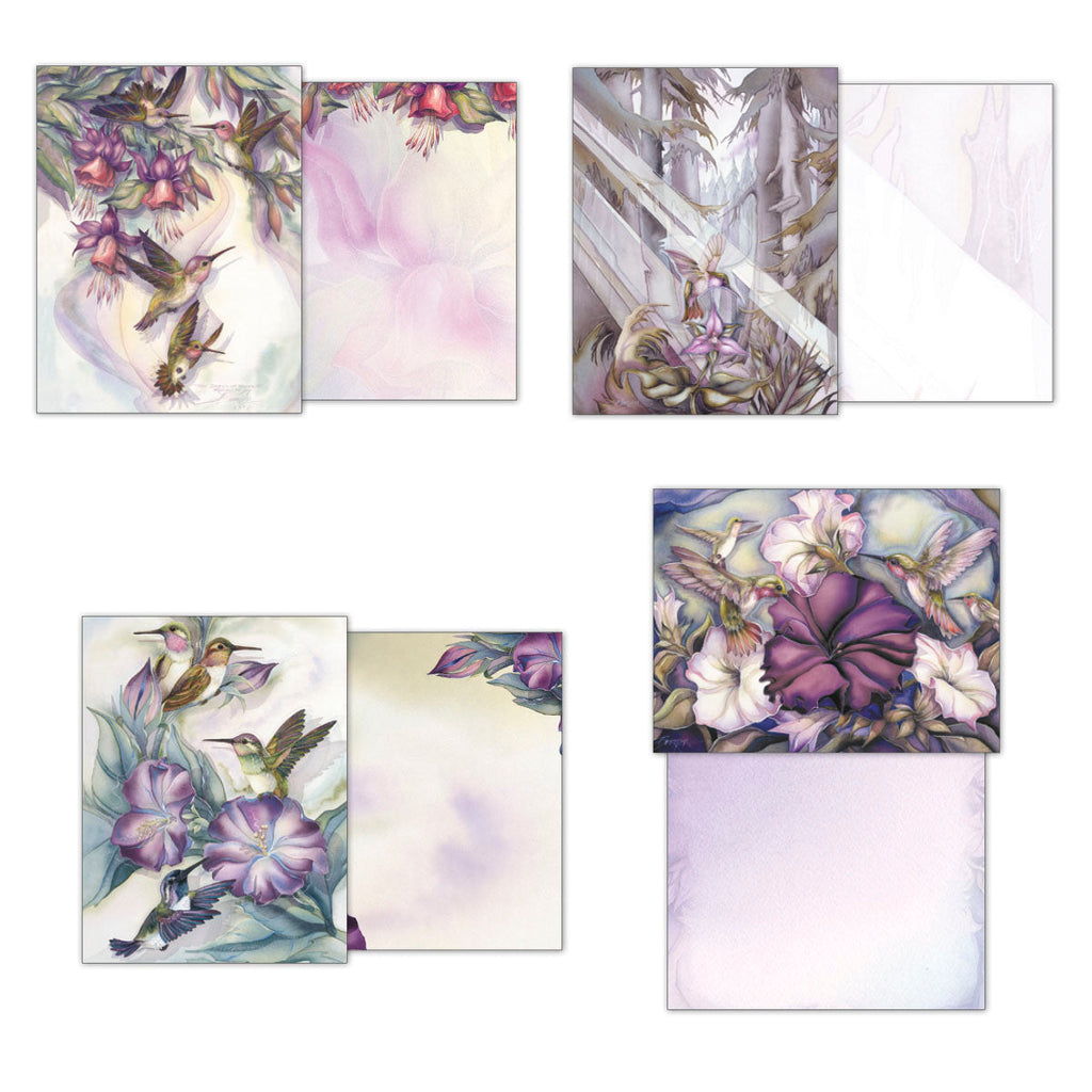 Four distinct hummingbird art greeting cards by Jody Bergsma, each shown with its unique front and coordinating blank inside design, highlighting the variety of nature-themed illustrations.