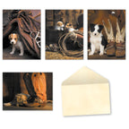 Assortment of four different greeting cards featuring cute puppies in Western-themed settings with a blank cream envelope, showcasing unique designs.