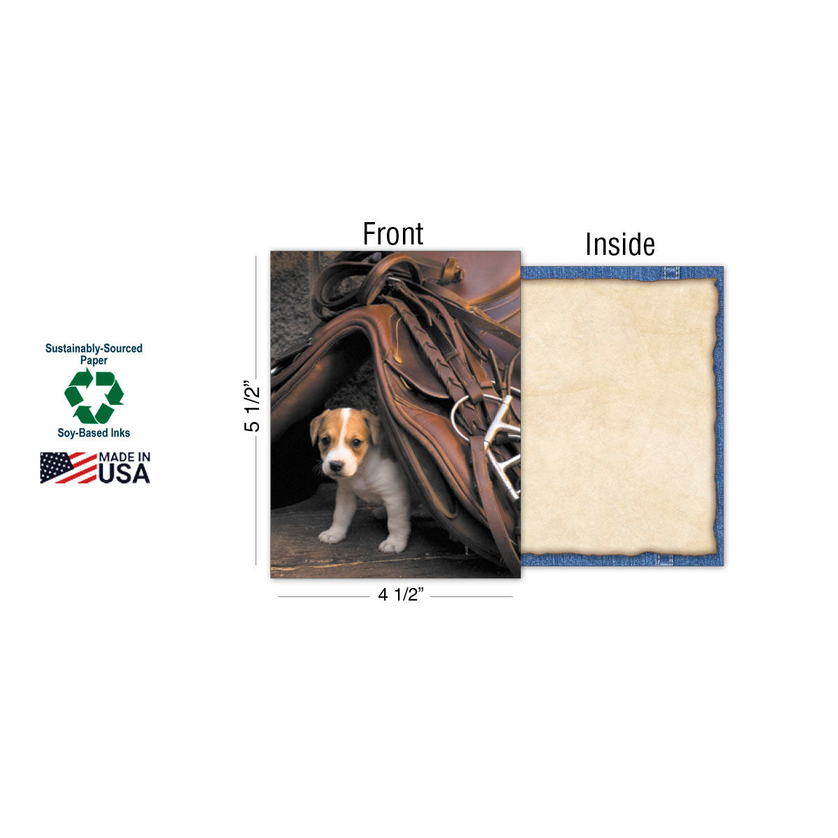Detail of a single greeting card from the Cow-Pups assortment, showing a Jack Russell puppy peeking from a saddle, with card dimensions (4.5 x 5.5 inches), sustainably-sourced paper, and soy-based inks, Made in USA labels.
