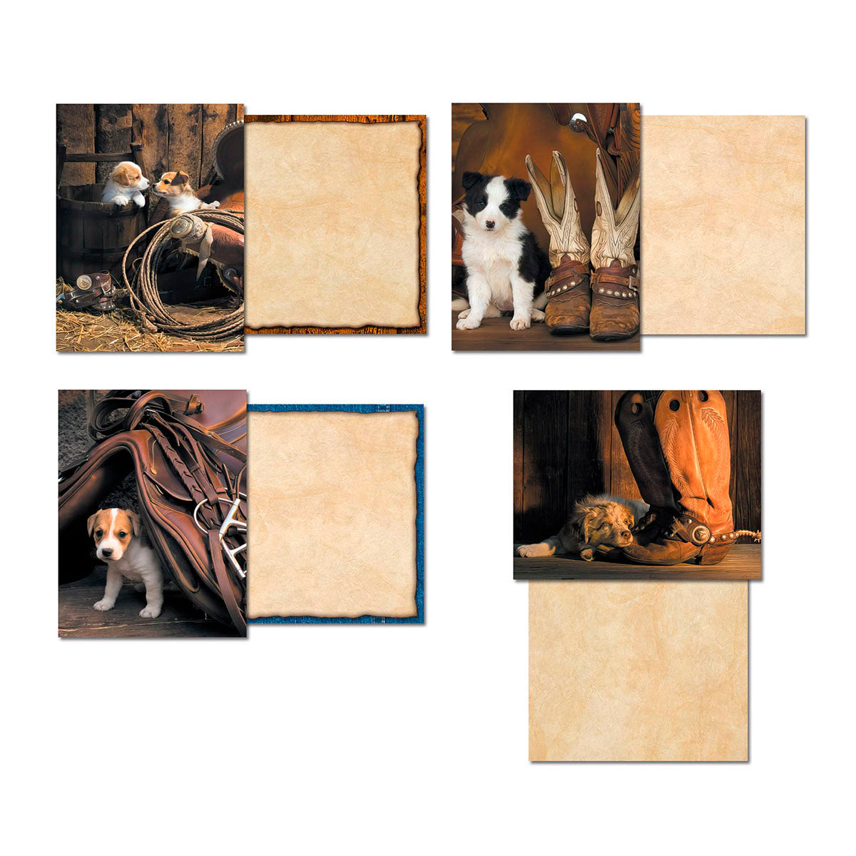 Four different Cow-Pups greeting card designs, each showing the unique front artwork (puppies with Western props) and the blank rustic-textured inside of the card, perfect for writing personal messages.