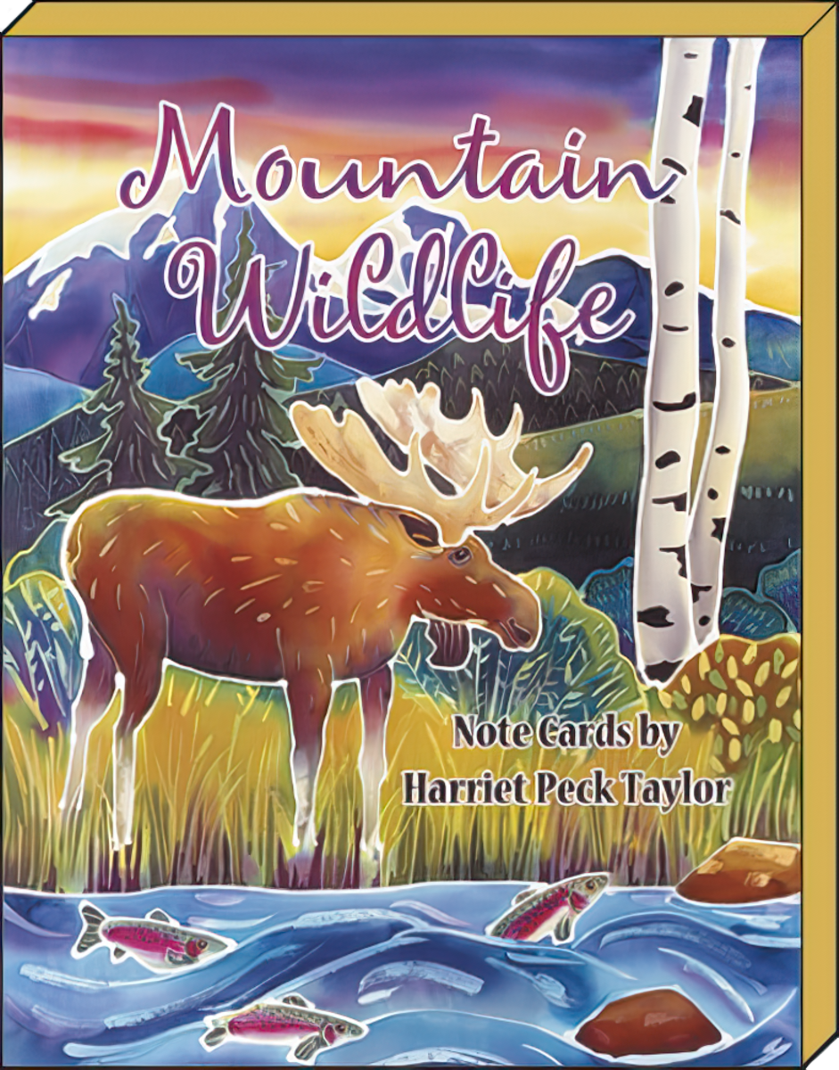 Cover of the 'Mountain Wildlife Note Cards by Harriet Peck Taylor' box, depicting a vibrant illustration of a moose standing in a river with fish, flanked by aspen trees and mountains.