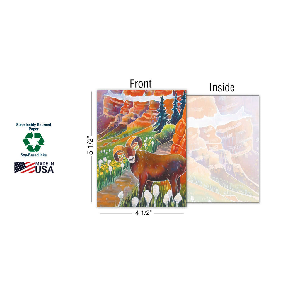 Front and inside view of a greeting card featuring a bighorn sheep in a canyon landscape, alongside dimensions (5 1/2 x 4 1/2 inches) and sustainability logos for 'Sustainably-Sourced Paper' and 'Soy-Based Inks Made In USA'.