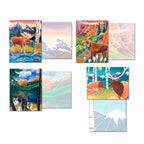 Four individual blank greeting cards displayed open, revealing both the unique front wildlife art and the coordinating inside design. Images include a moose, bighorn sheep, wolves/bear, and elk/fawn in natural settings.