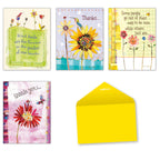 Assortment of four unique floral thank you greeting cards by Robbin Rawlings with a vibrant yellow envelope, perfect for expressing gratitude.