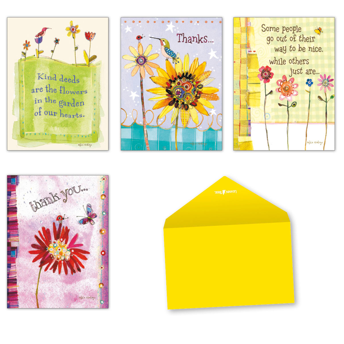 Assortment of four unique floral thank you greeting cards by Robbin Rawlings with a vibrant yellow envelope, perfect for expressing gratitude.