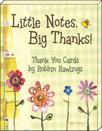 Close-up of the 'Little Notes, Big Thanks!' thank you card assortment box cover featuring colorful floral illustrations by artist Robbin Rawlings.