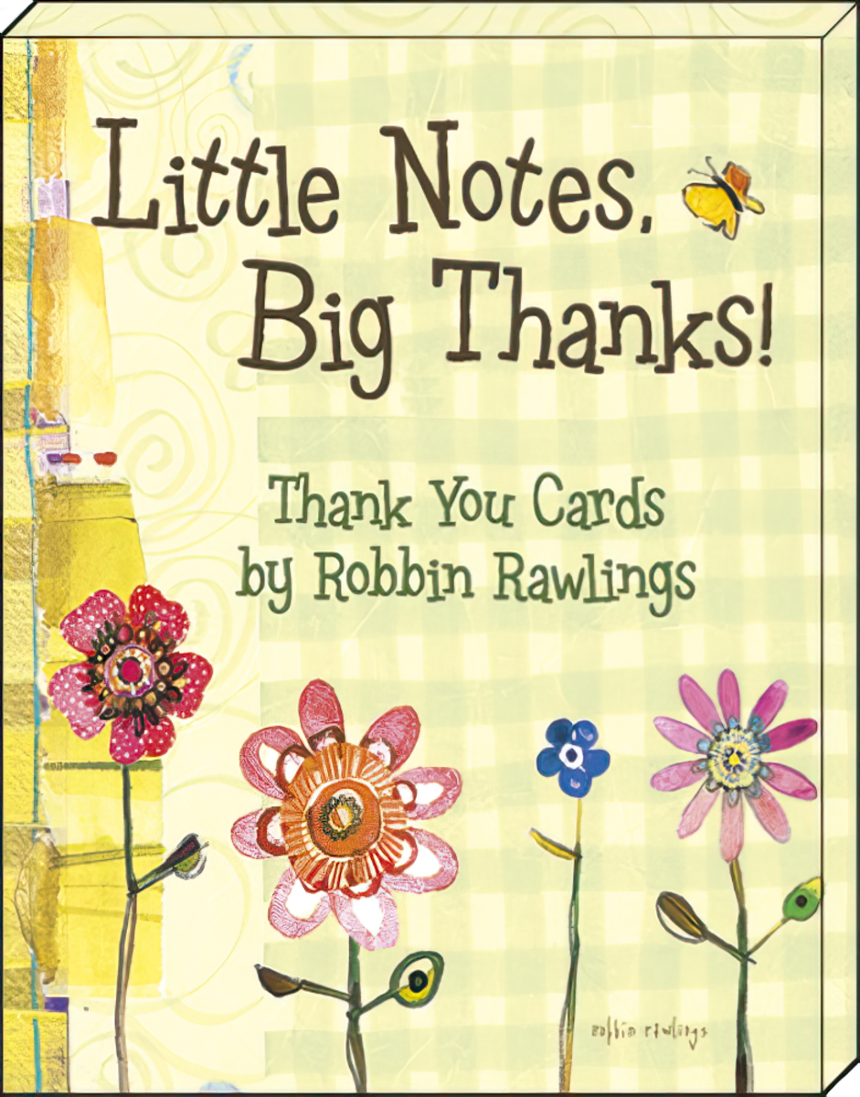 Close-up of the 'Little Notes, Big Thanks!' thank you card assortment box cover featuring colorful floral illustrations by artist Robbin Rawlings.