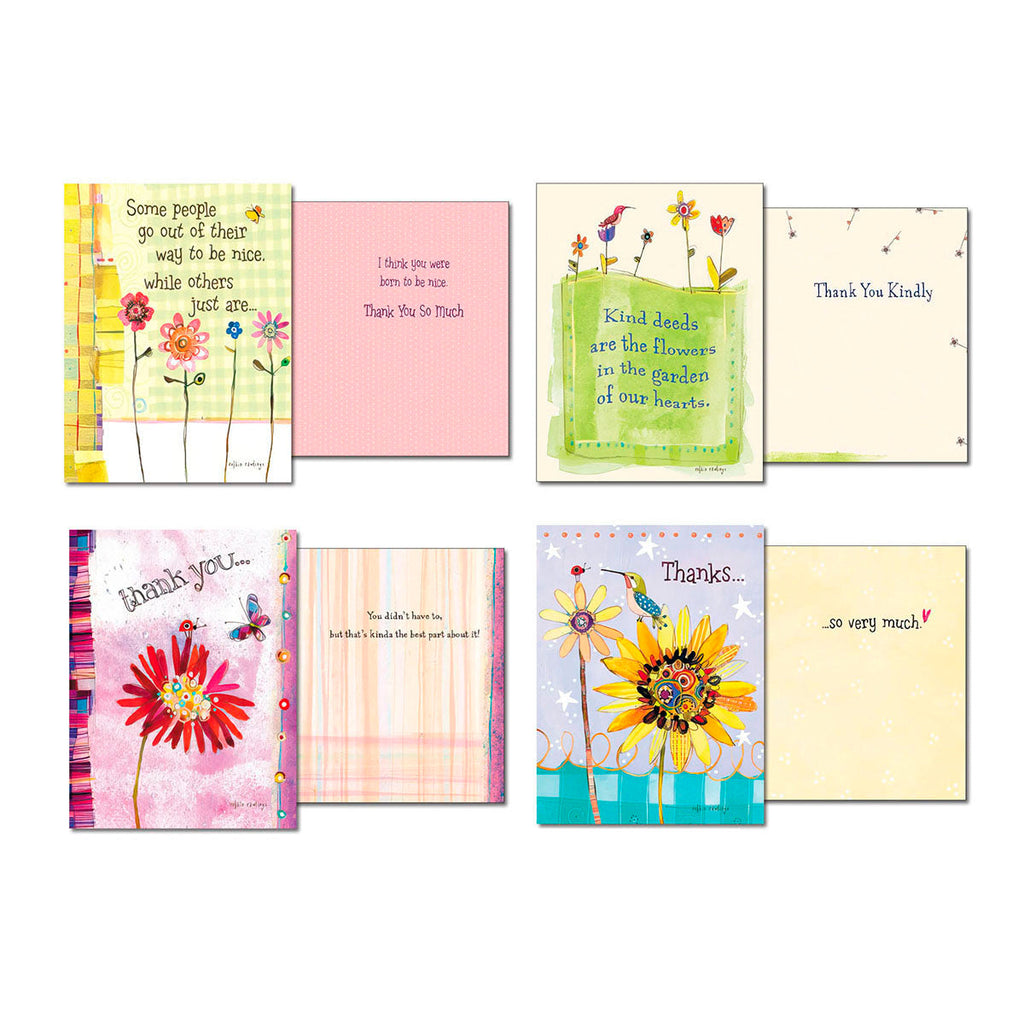 Display of four different thank you cards, showing both the unique floral front designs and their corresponding thoughtful inside messages, including 'I think you were born to be nice' and 'Thank You So Much'.