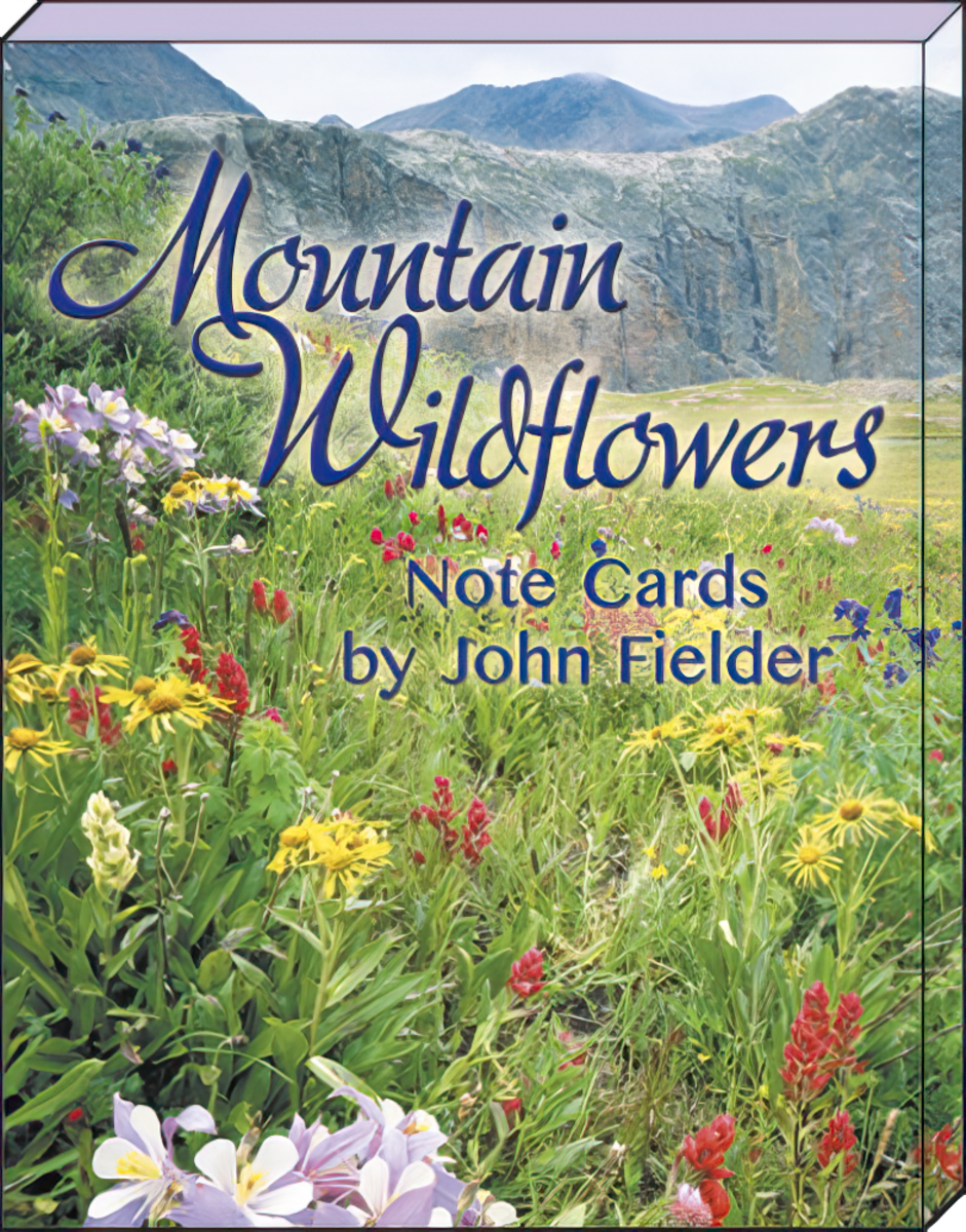 Box cover for 'Mountain Wildflowers Note Cards by John Fielder' showcasing a rich landscape of various colorful blooms.