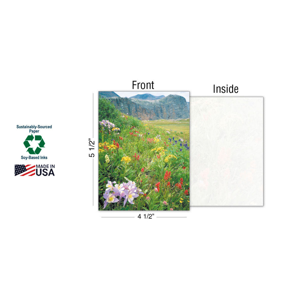 Greeting card dimensions 5 1/2 by 4 1/2 inches, front features wildflowers, inside is blank, with 'Sustainably-Sourced Paper', 'Soy-Based Inks', and 'Made In USA' labels.