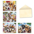 Assortment of four greeting cards featuring groups of cheerful, smiling dogs and cats in 'selfie' style poses, next to an open beige envelope.