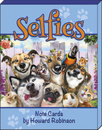 Boxed set of 'Selfies' note cards by Howard Robinson, showing a lively group of diverse animals including dogs, cats, a parrot, rabbit, and guinea pig posing happily for a selfie against a blue sky with paw prints.