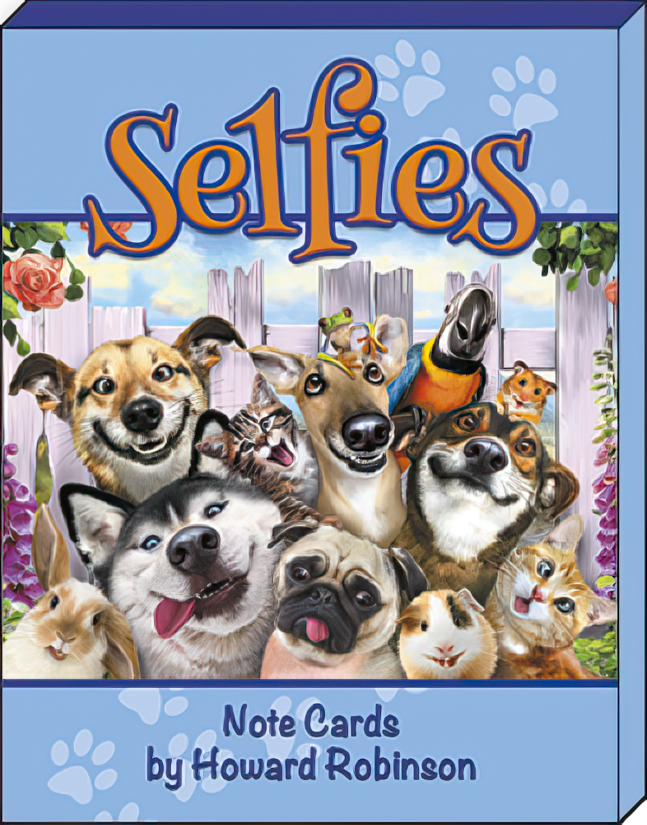 Boxed set of 'Selfies' note cards by Howard Robinson, showing a lively group of diverse animals including dogs, cats, a parrot, rabbit, and guinea pig posing happily for a selfie against a blue sky with paw prints.