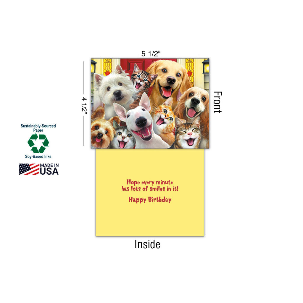 One 'Selfies' greeting card featuring a group of smiling dogs and cats on the front. The image also shows the card's dimensions (4 1/2" x 5 1/2"), eco-friendly details (sustainably-sourced paper, soy-based inks), 'Made in USA' label, and the inside message: 'Hope every minute has lots of smiles in it! Happy Birthday'.