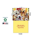 One 'Selfies' greeting card featuring a group of smiling dogs and cats on the front. The image also shows the card's dimensions (4 1/2" x 5 1/2"), eco-friendly details (sustainably-sourced paper, soy-based inks), 'Made in USA' label, and the inside message: 'Hope every minute has lots of smiles in it! Happy Birthday'.