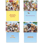 A display of four different 'Selfies' animal greeting cards. Each card shows its unique front design of smiling pets and its inside message: 'Happy Birthday', 'Wishing you a pawsitively purrfect day!', 'Smile! It's your Birthday!', and 'Just wanted to send some smiles your way!'.