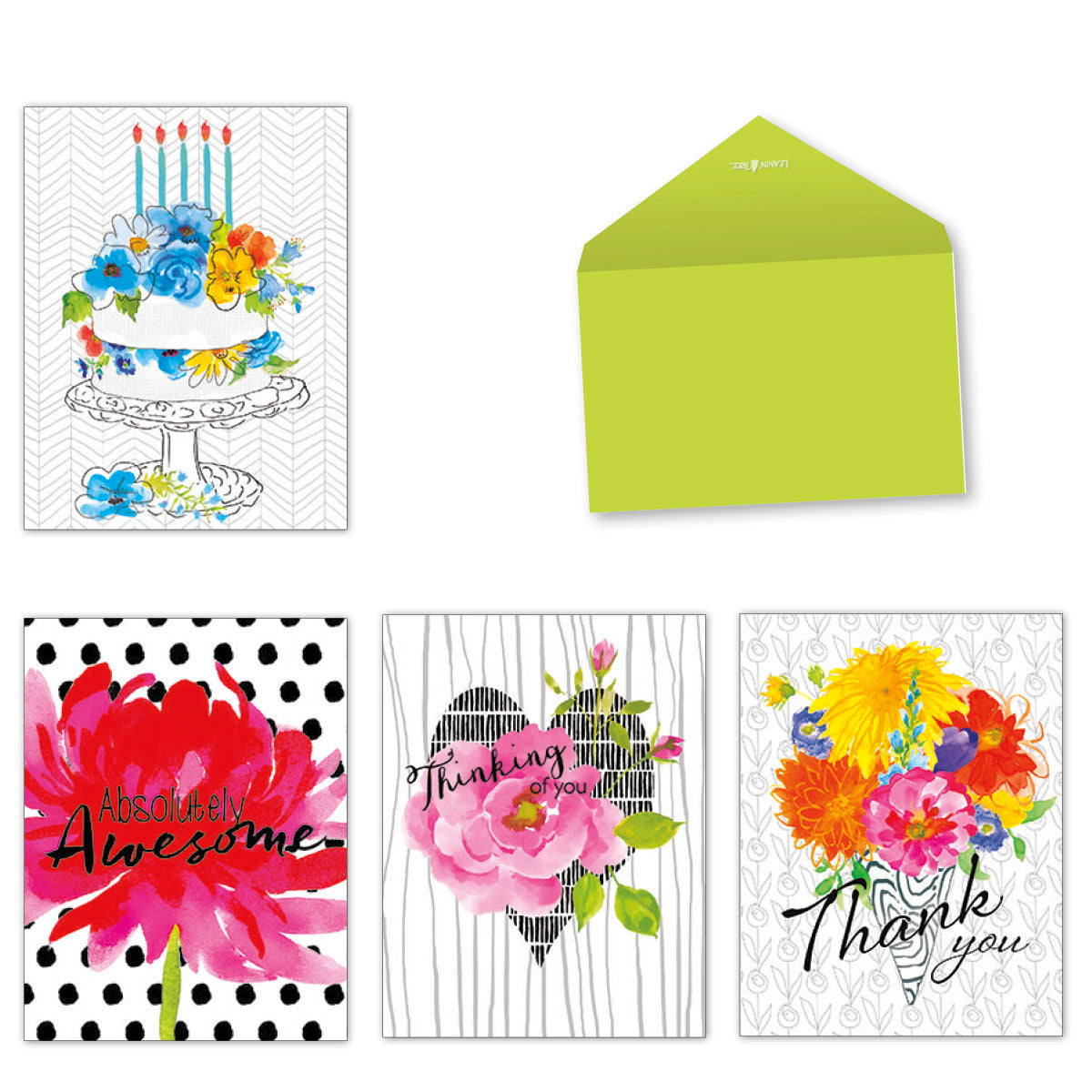 Assorted greeting cards set with four unique designs: a birthday cake with candles, a vibrant red peony with 'Absolutely Awesome', a pink rose with 'Thinking of you' on a heart pattern, and a colorful floral bouquet with 'Thank you'. Includes a bright green envelope.