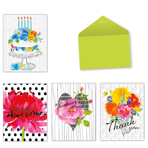 Assorted greeting cards set with four unique designs: a birthday cake with candles, a vibrant red peony with 'Absolutely Awesome', a pink rose with 'Thinking of you' on a heart pattern, and a colorful floral bouquet with 'Thank you'. Includes a bright green envelope.