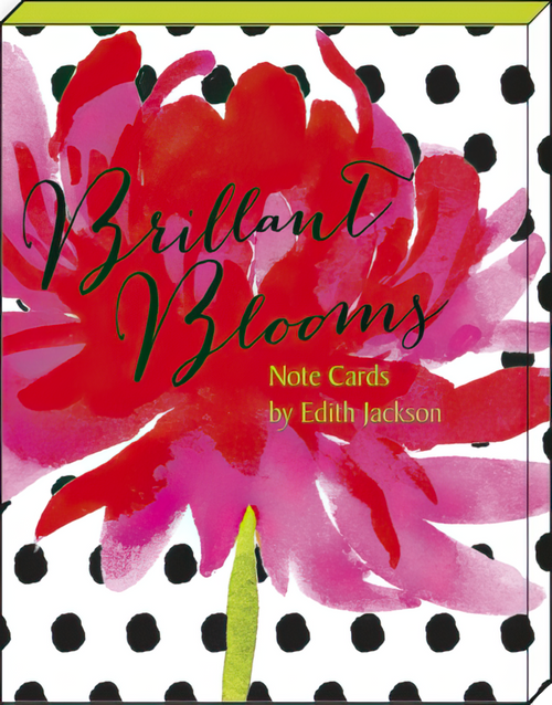 Brilliant Blooms Note Cards box cover by Edith Jackson, featuring a bold red and pink dahlia on a black and white polka dot background.