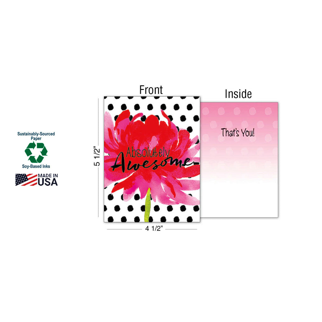 Image displaying the dimensions of a greeting card (5 1/2'' tall, 4 1/2'' wide) with a red peony 'Absolutely Awesome' design, next to its pink gradient interior, along with 'Sustainably-Sourced Paper,' 'Soy-Based Inks,' and 'Made in USA' logos.