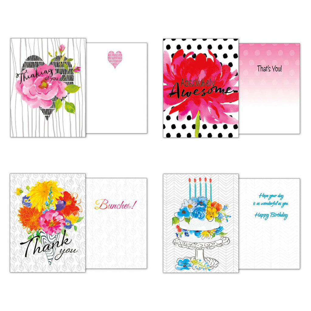 Four open greeting cards showing their fronts and corresponding blank or pre-printed interiors: 'Thinking of You' with a patterned heart inside, 'Absolutely Awesome' with a pink gradient and 'That's You!', 'Thank You' with 'Bunches!', and a birthday cake card with 'Hope your day is as wonderful as you Happy Birthday'.