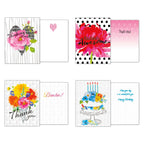 Four open greeting cards showing their fronts and corresponding blank or pre-printed interiors: 'Thinking of You' with a patterned heart inside, 'Absolutely Awesome' with a pink gradient and 'That's You!', 'Thank You' with 'Bunches!', and a birthday cake card with 'Hope your day is as wonderful as you Happy Birthday'.