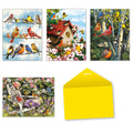 Assortment of four vibrant songbird greeting cards with a yellow envelope, featuring diverse bird species in natural settings.