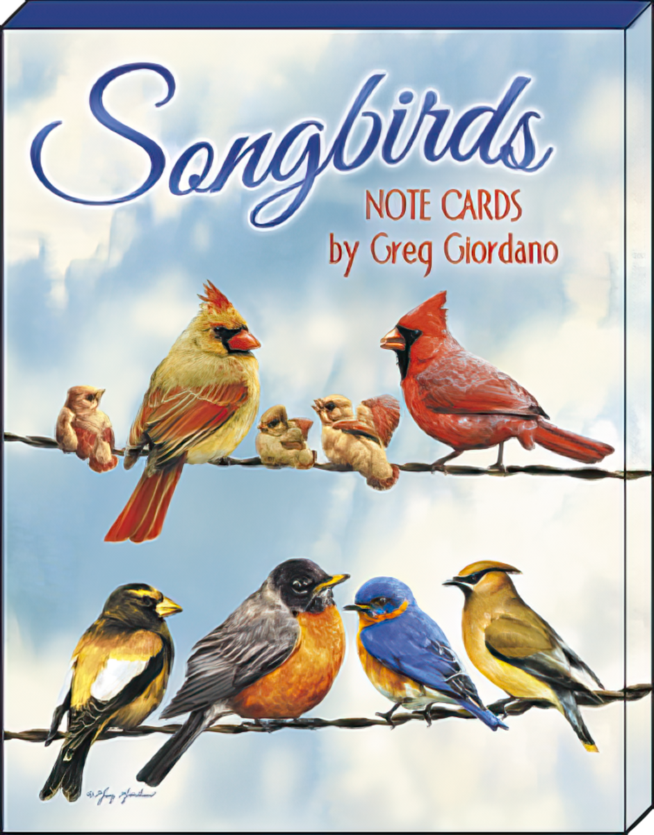 Box set of Songbirds Note Cards by Greg Giordano, showcasing a detailed illustration of colorful cardinals, robins, and other birds perched on a wire against a blue sky.