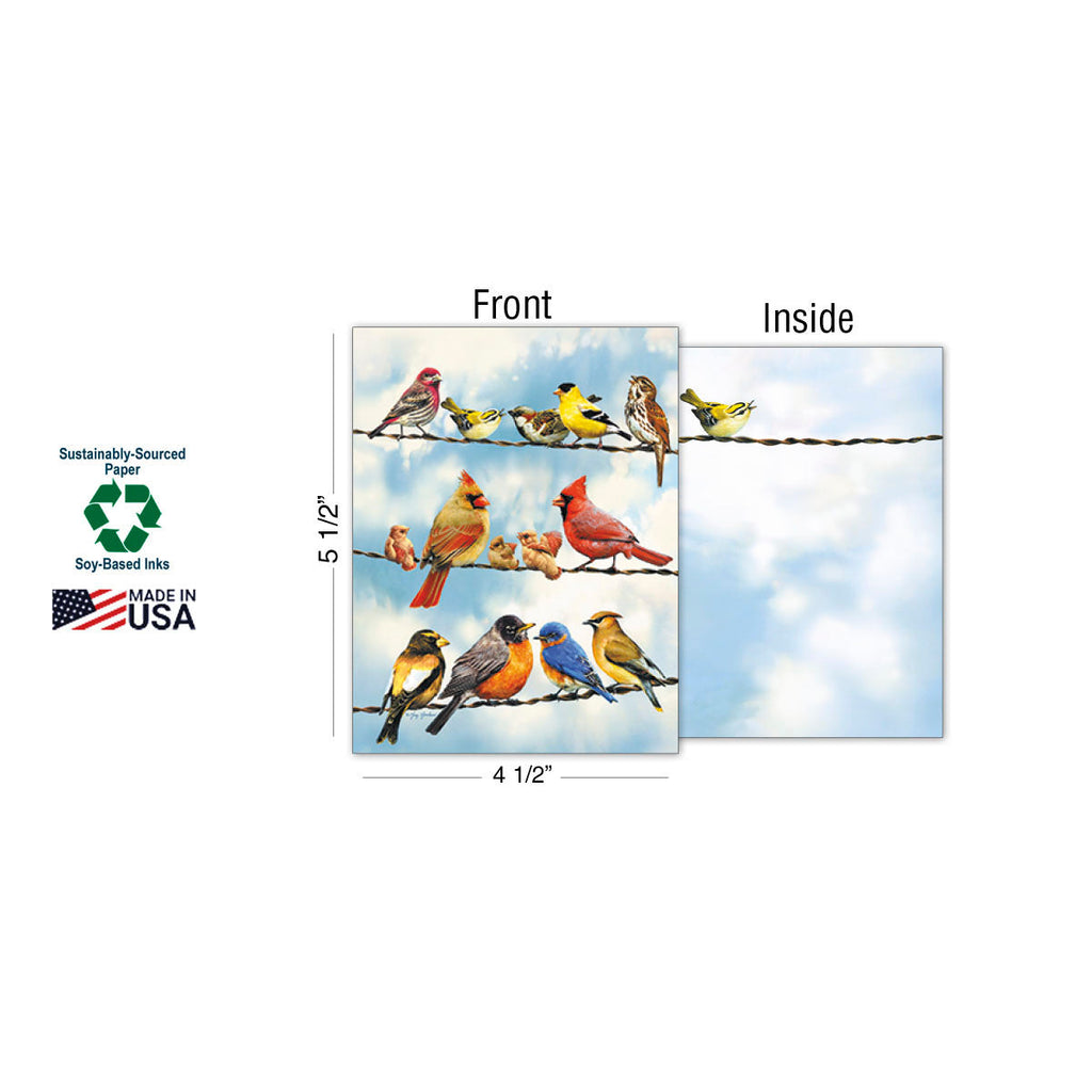 Greeting card size diagram (4 1/2 x 5 1/2 inches) showing front and blank inside, with 'Sustainably-Sourced Paper' and 'MADE IN USA' logos.