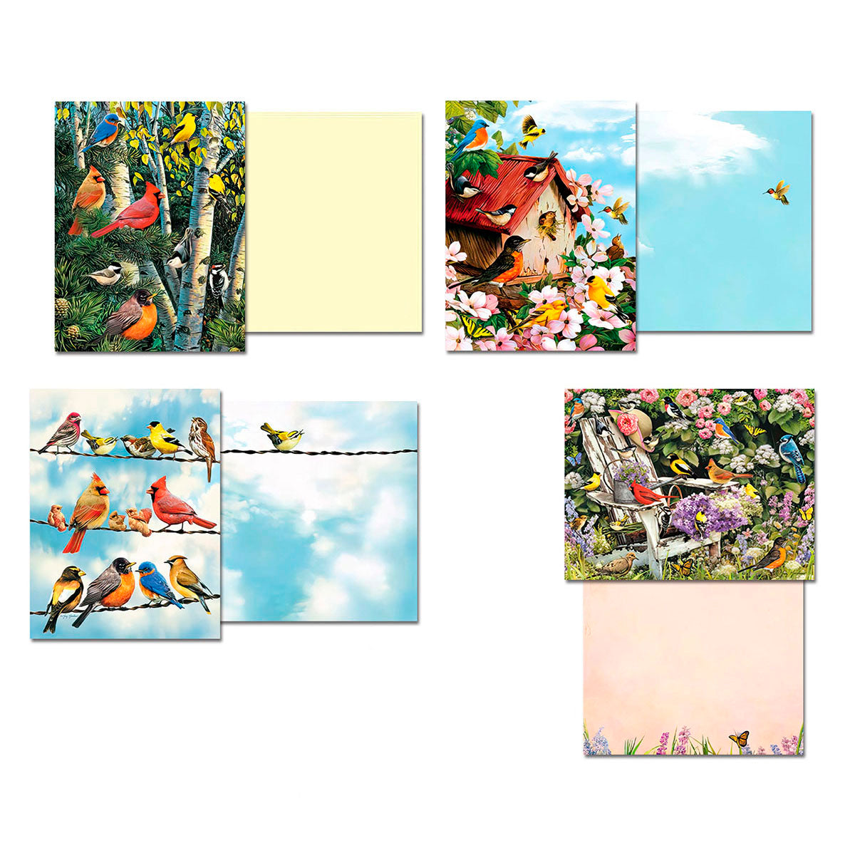 Display of four different songbird greeting card designs, showing both front and blank back sides, featuring birds in a forest, birdhouse, on wires, and in a garden.