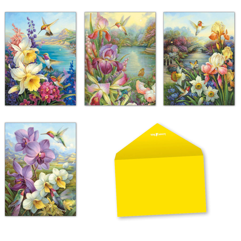 Assortment of four nature-themed greeting cards featuring hummingbirds and vibrant flowers (narcissus, iris, orchids) with a bright yellow envelope.